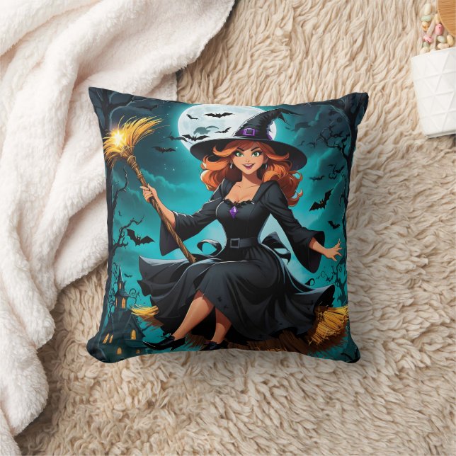 Witch flying through a moonlit night with bats throw pillow (Blanket)