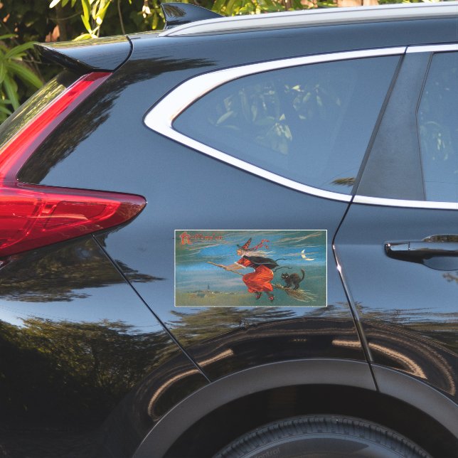Witch Flying with Black Cat on Halloween Night  (Car Side)