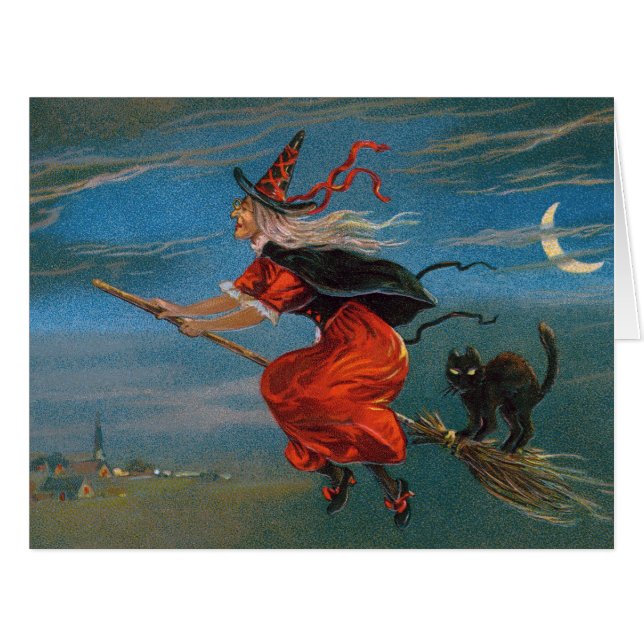 Witch Flying with Black Cat on Halloween Night  (Front Horizontal)