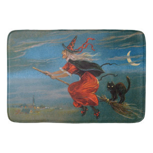 Witch Flying with Black Cat on Halloween Night  Bath Mat