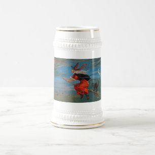 Witch Flying with Black Cat on Halloween Night Beer Stein
