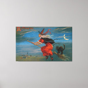 Witch Flying with Black Cat on Halloween Night Canvas Print
