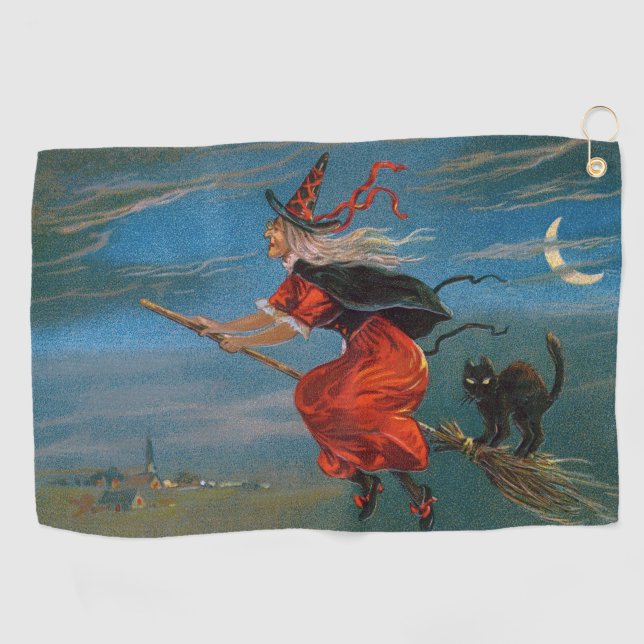 Witch Flying with Black Cat on Halloween Night  Golf Towel (Horizontal)