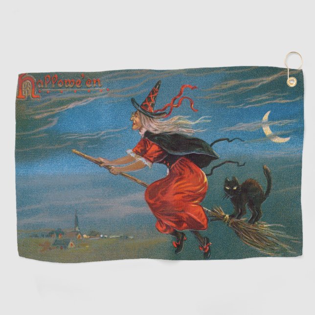 Witch Flying with Black Cat on Halloween Night  Golf Towel (Horizontal)