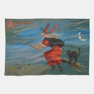 Witch Flying with Black Cat on Halloween Night  Kitchen Towel