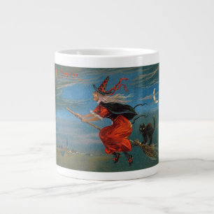Witch Flying with Black Cat on Halloween Night Large Coffee Mug