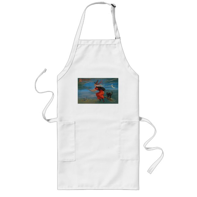 Witch Flying with Black Cat on Halloween Night  Long Apron (Front)
