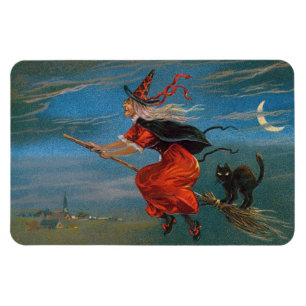 Witch Flying with Black Cat on Halloween Night Magnet