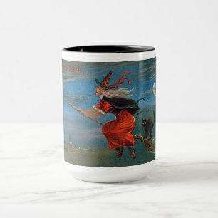 Witch Flying with Black Cat on Halloween Night  Mug