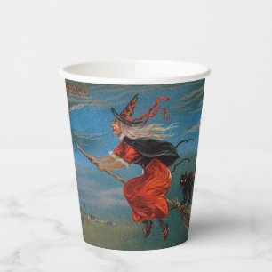 Witch Flying with Black Cat on Halloween Night Paper Cups