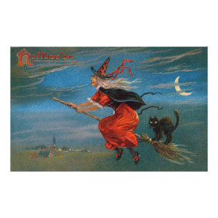 Witch Flying with Black Cat on Halloween Night Photo Print