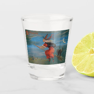 Witch Flying with Black Cat on Halloween Night  Shot Glass