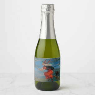 Witch Flying with Black Cat on Halloween Night  Sparkling Wine Label