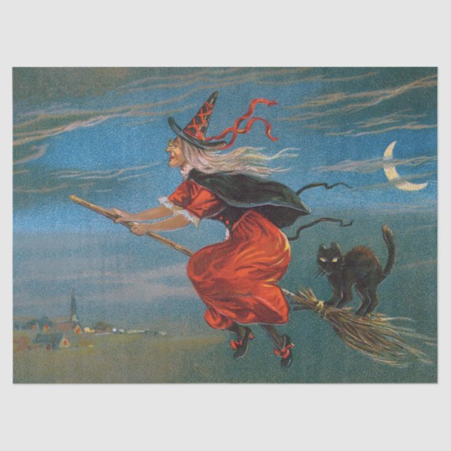 Witch Flying with Black Cat on Halloween Night  Tissue Paper (Front)