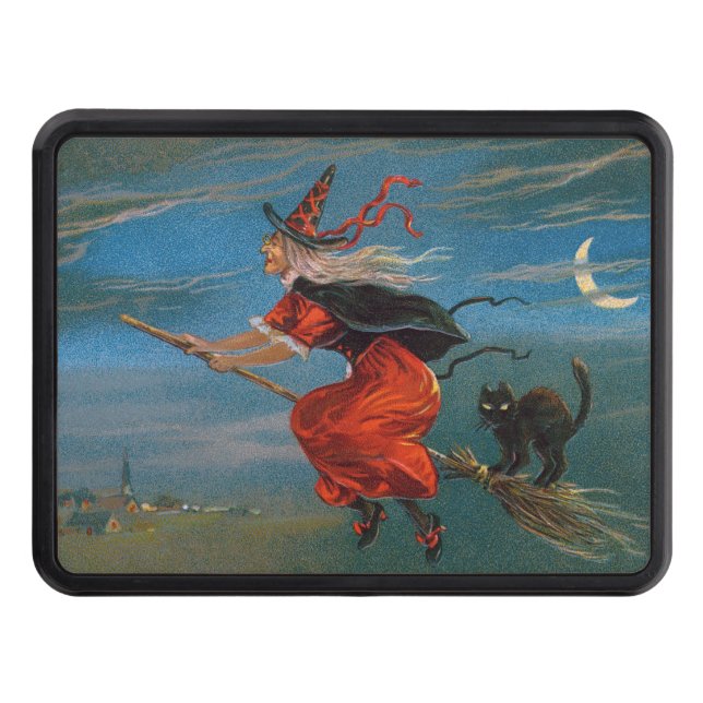Witch Flying with Black Cat on Halloween Night  Trailer Hitch Cover (Front)