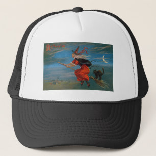 Witch Flying with Black Cat on Halloween Night  Trucker Hat
