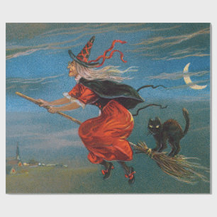 Witch Flying with Black Cat on Halloween Night  Wrapping Paper