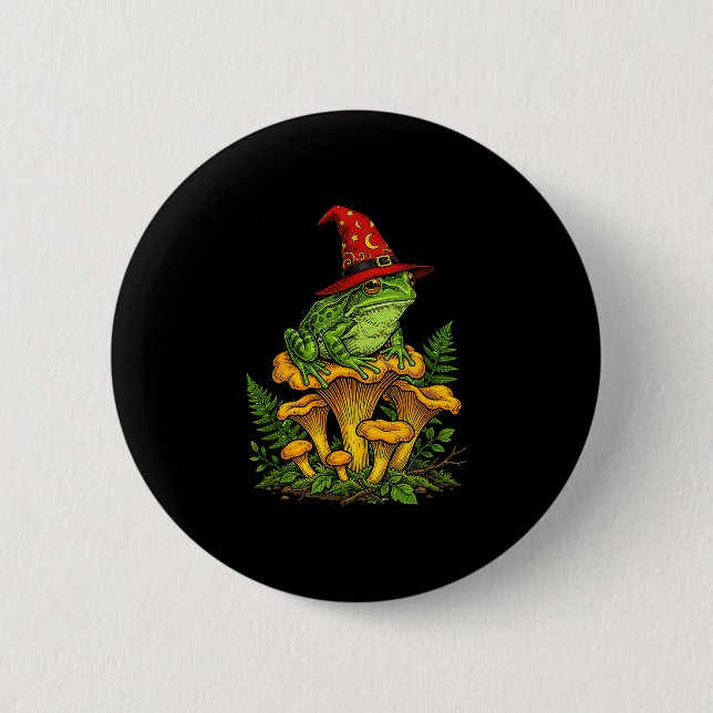 Witch frog sitting on mushrooms halloween magic 2 inch round button (Front)