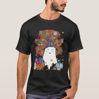 Witch Ghost Cats Pumpkin Coffee Lover Fall Leaves T-Shirt