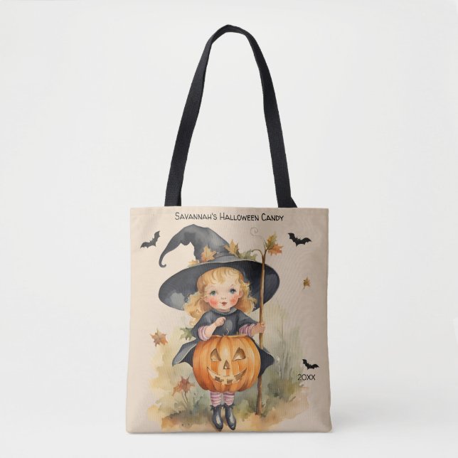 Witch Girl Custom Halloween Candy Tote Bag (Front)