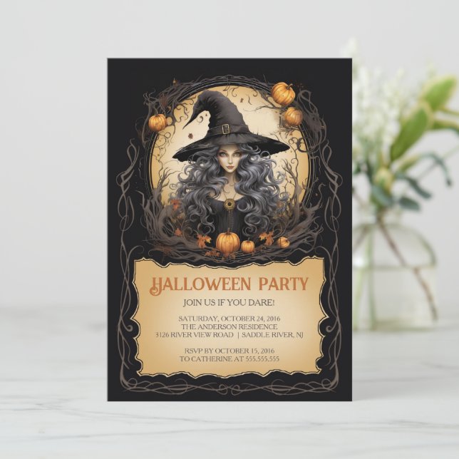 Witch Girl Gothic Halloween Invitation (Standing Front)