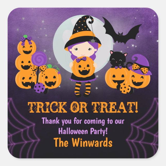 Witch Girl Pumpkins Halloween Party Square Sticker (Front)