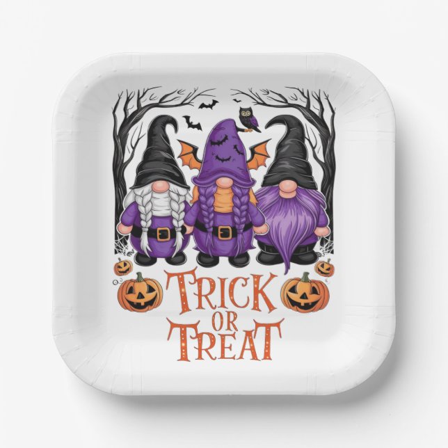 Witch Gnomes Pumpkins Gothic Halloween Party Paper Plate (Front)