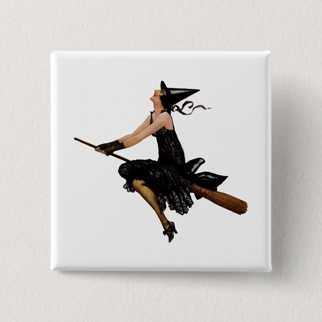Witch Goes Flying on a Broomstick 2 Inch Square Button (Front)