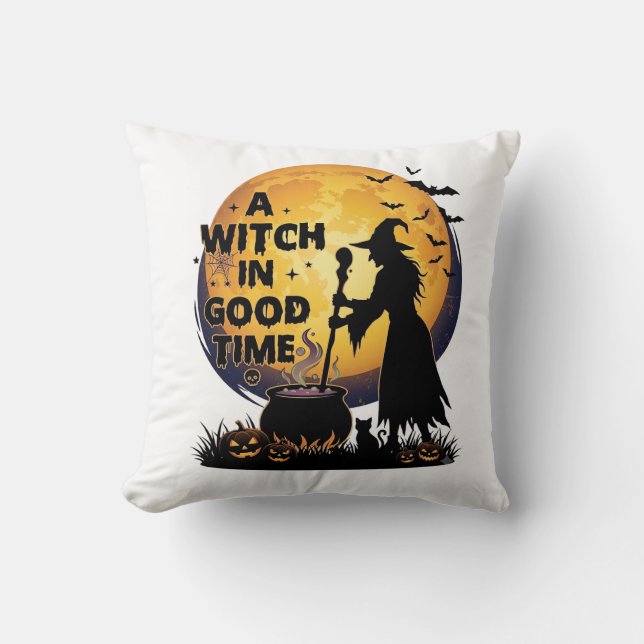 Witch Good Time Halloween Moon Cauldron_1 Throw Pillow (Front)
