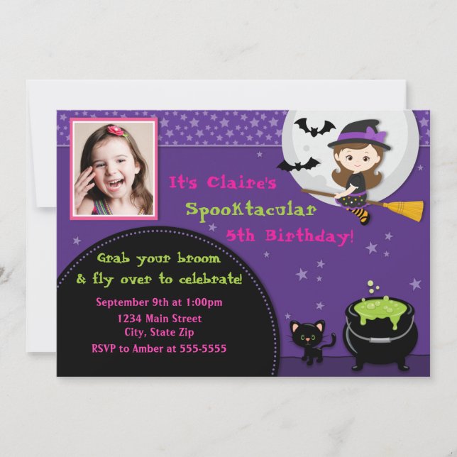 Witch Halloween Birthday Invitation Brunette (Front)
