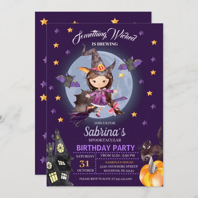 Witch Halloween Kids Birthday Party Invitation (Front/Back)