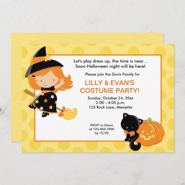 Witch Halloween Party Girls Birthday Invite (Front/Back)