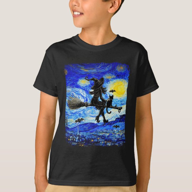 Witch Halloween Starry Night Van Gogh Aesthetic Pa T-Shirt (Front)