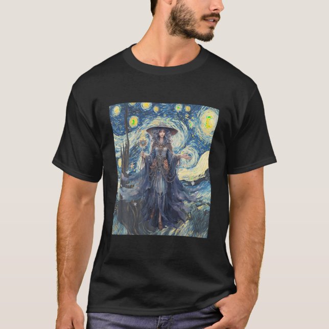 Witch Halloween Starry Night Van Gogh Aesthetic Pa T-Shirt (Front)