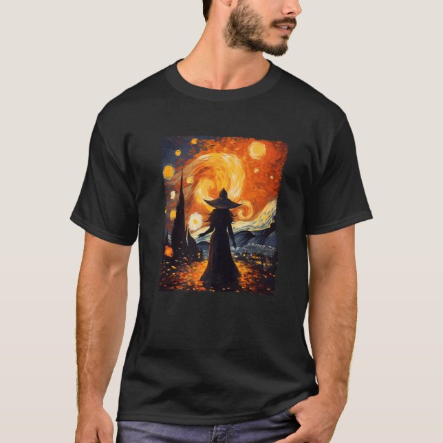 Witch Halloween Starry Night Van Gogh Aesthetic Pa T-Shirt (Front)