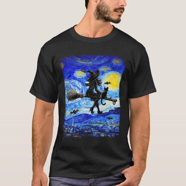 Witch Halloween Starry Night Van Gogh Aesthetic Pa T-Shirt (Front)