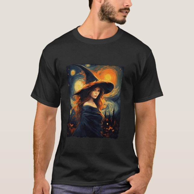 Witch Halloween Starry Night Van Gogh Aesthetic Pa T-Shirt (Front)