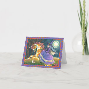 WITCH & HALLOWEEN UNICORN, BLACK CAT Fantasy Horse Holiday Card