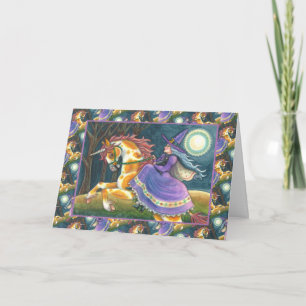 WITCH & HALLOWEEN UNICORN, BLACK CAT Fantasy Horse Holiday Card