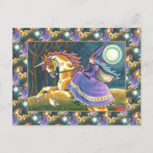 WITCH & HALLOWEEN UNICORN, BLACK CAT Fantasy Horse Holiday Postcard