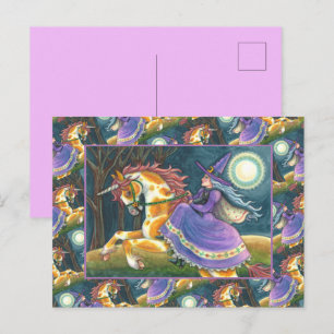 WITCH & HALLOWEEN UNICORN, BLACK CAT Fantasy Horse Holiday Postcard