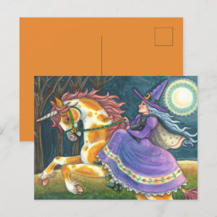 WITCH & HALLOWEEN UNICORN, BLACK CAT Fantasy Horse Holiday Postcard