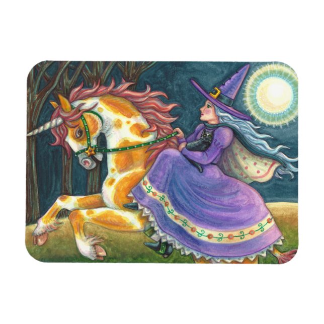 WITCH & HALLOWEEN UNICORN, BLACK CAT Fantasy Horse Magnet (Horizontal)