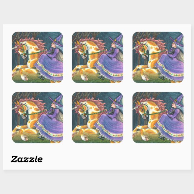 WITCH & HALLOWEEN UNICORN, BLACK CAT Fantasy Horse Square Sticker (Sheet)