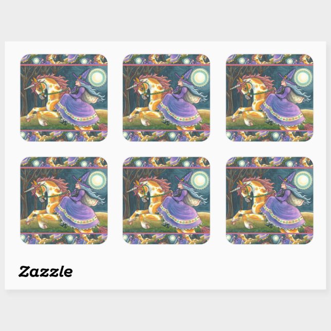 WITCH & HALLOWEEN UNICORN, BLACK CAT Fantasy Square Sticker (Sheet)