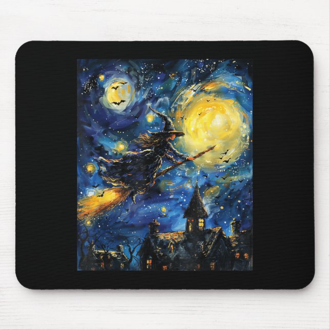 Witch Halloween Van Gogh Style Starry Night Mouse Pad (Front)