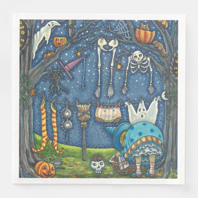 WITCH HANGING HER BLACK CAT, GHOST, SKELLY LAUNDRY NAPKIN (Front)