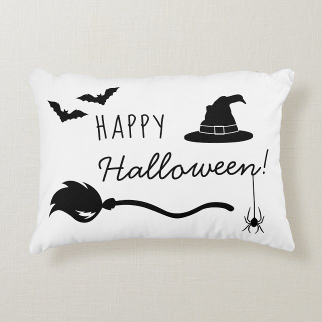 Witch Hat And Broom With Spider And Bats Halloween Accent Pillow (Front)