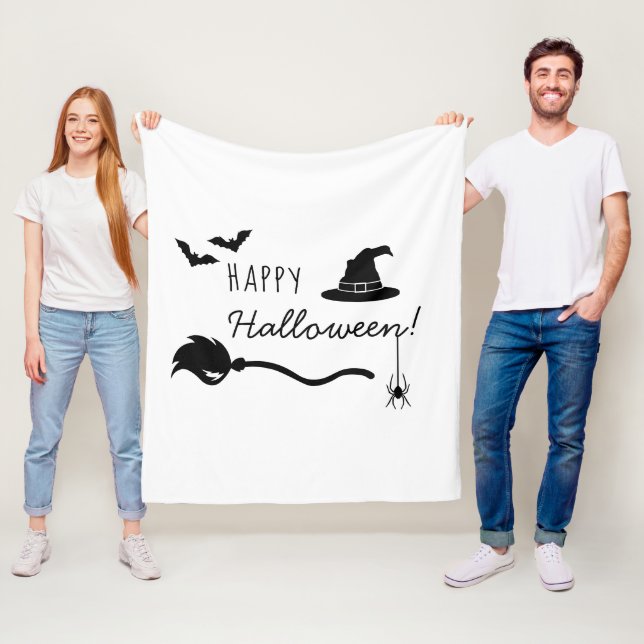 Witch Hat And Broom With Spider And Bats Halloween Fleece Blanket (In Situ)