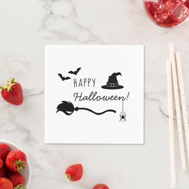 Witch Hat And Broom With Spider And Bats Halloween Napkin (Insitu)